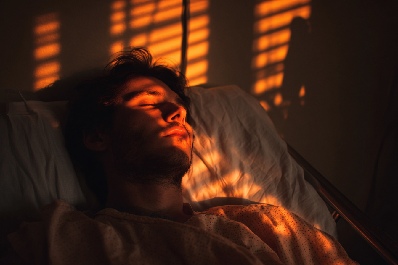 Um homem dormindo em uma cama de hospital | Fonte: Midjourney
