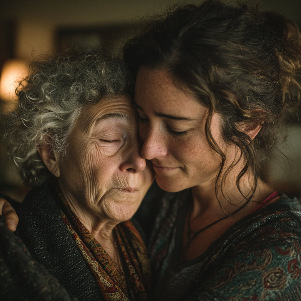 A sad woman hugging her grandmother | Source: Midjourney