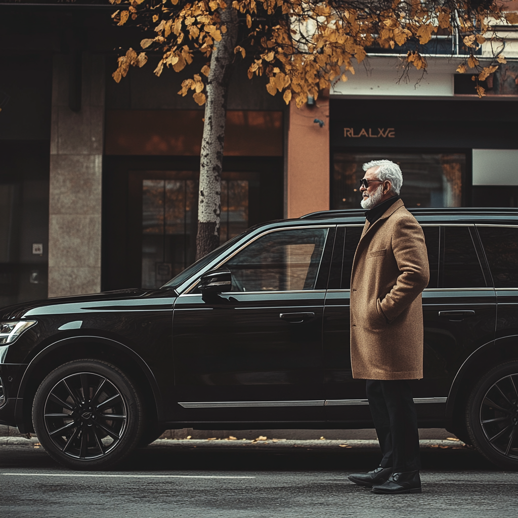 A man standing next to a black SUV car | Source: Midjourney