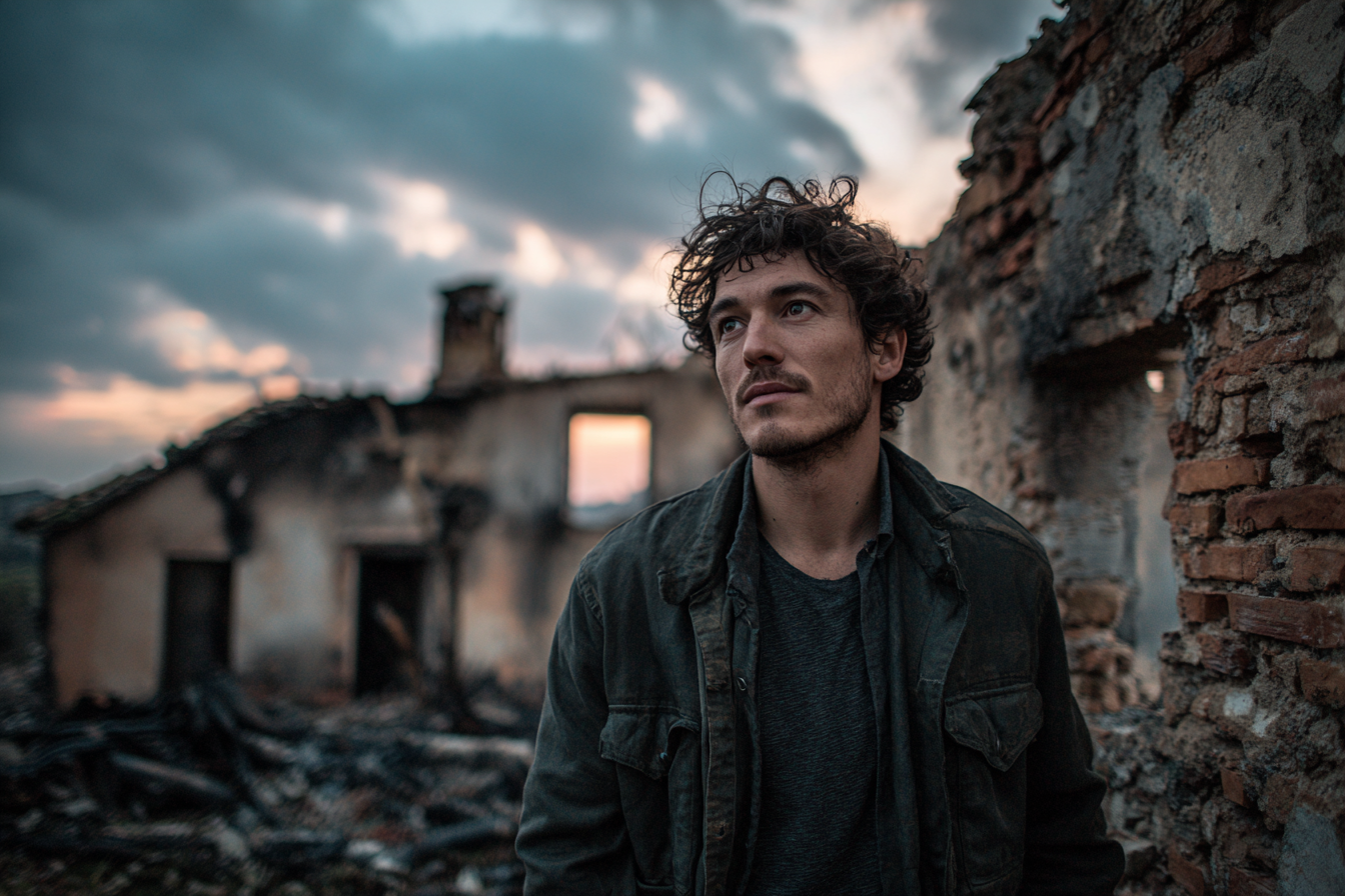 A man standing near his grandfather's house | Source: Midjourney