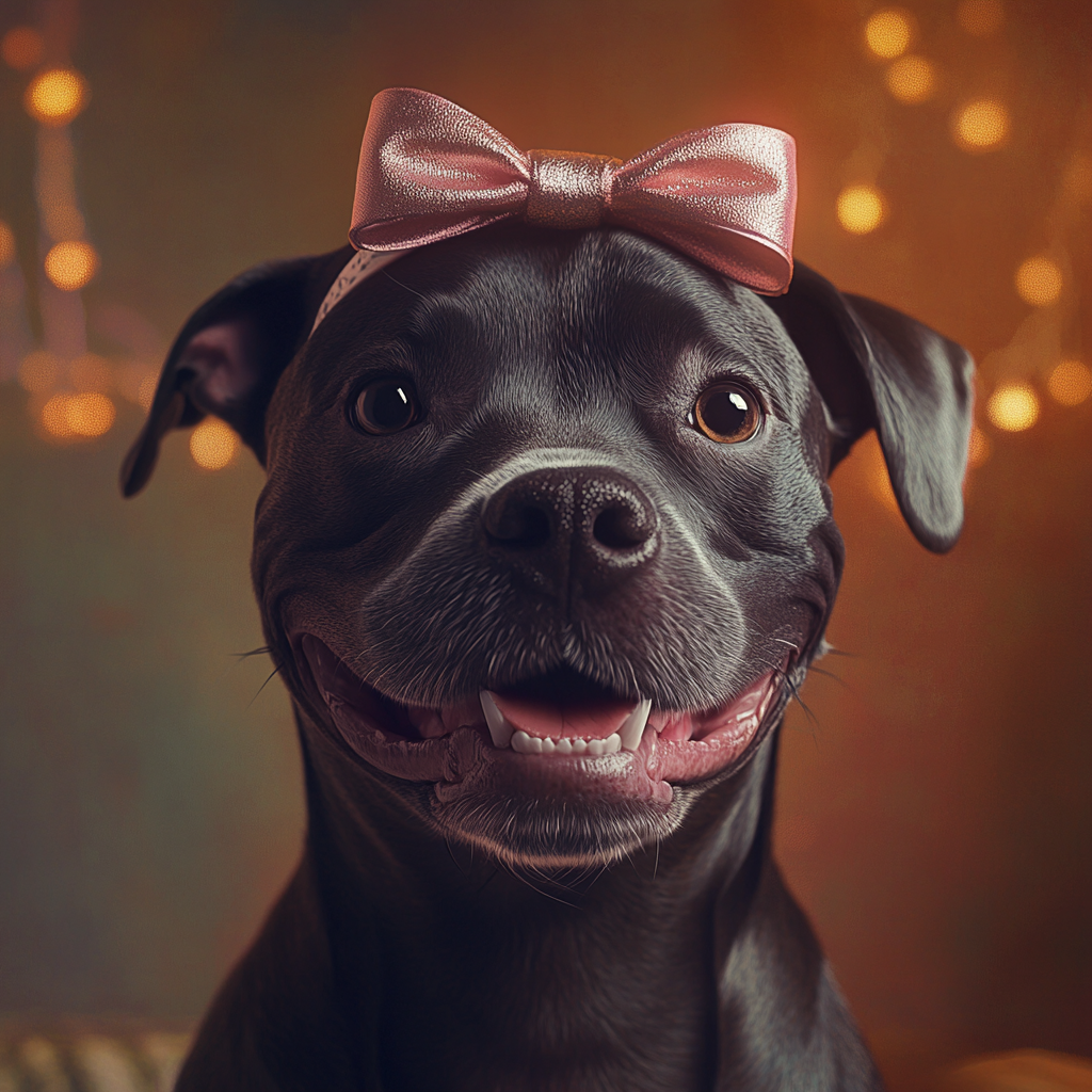 A cute Pitbull wearing a hairband with a pink bow | Source: Midjourney