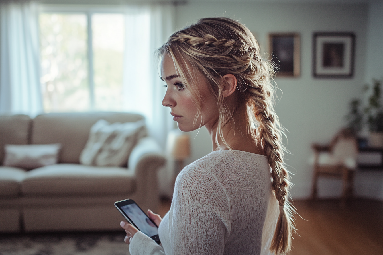 Woman in her 30s pacing in a living room and holding a phone | Source: Midjourney