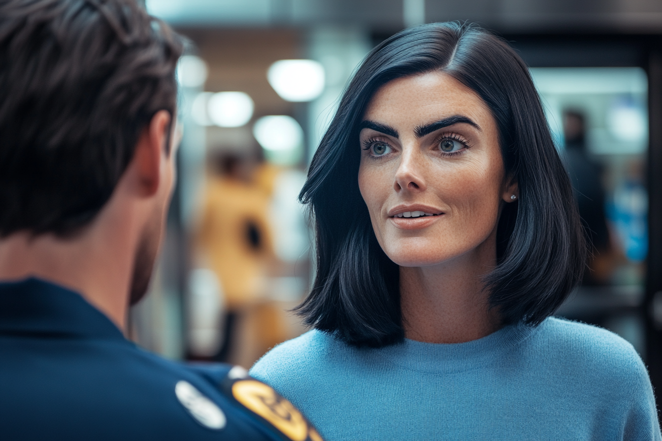 Una mujer aliviada hablando con un agente de seguridad del aeropuerto | Fuente: Midjourney