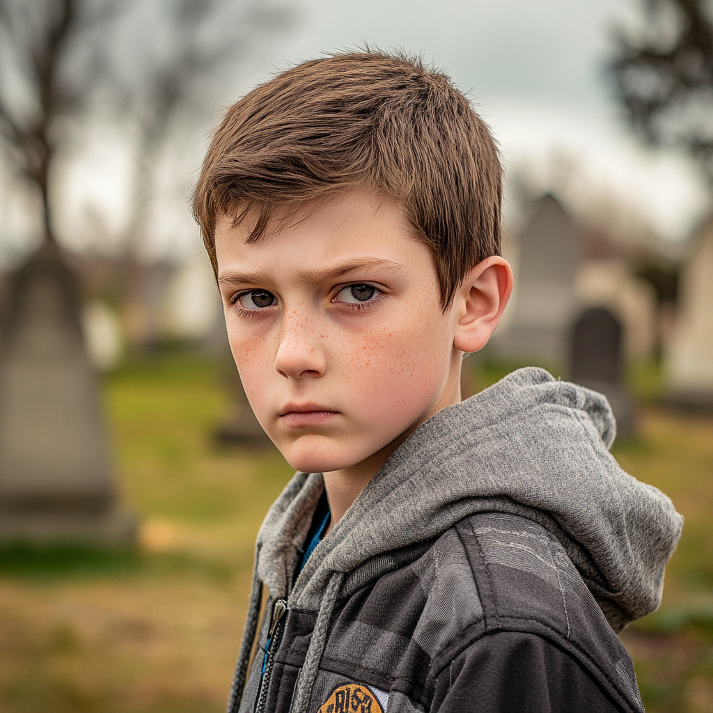 A frowning boy at a cemetery | Source: Midjourney