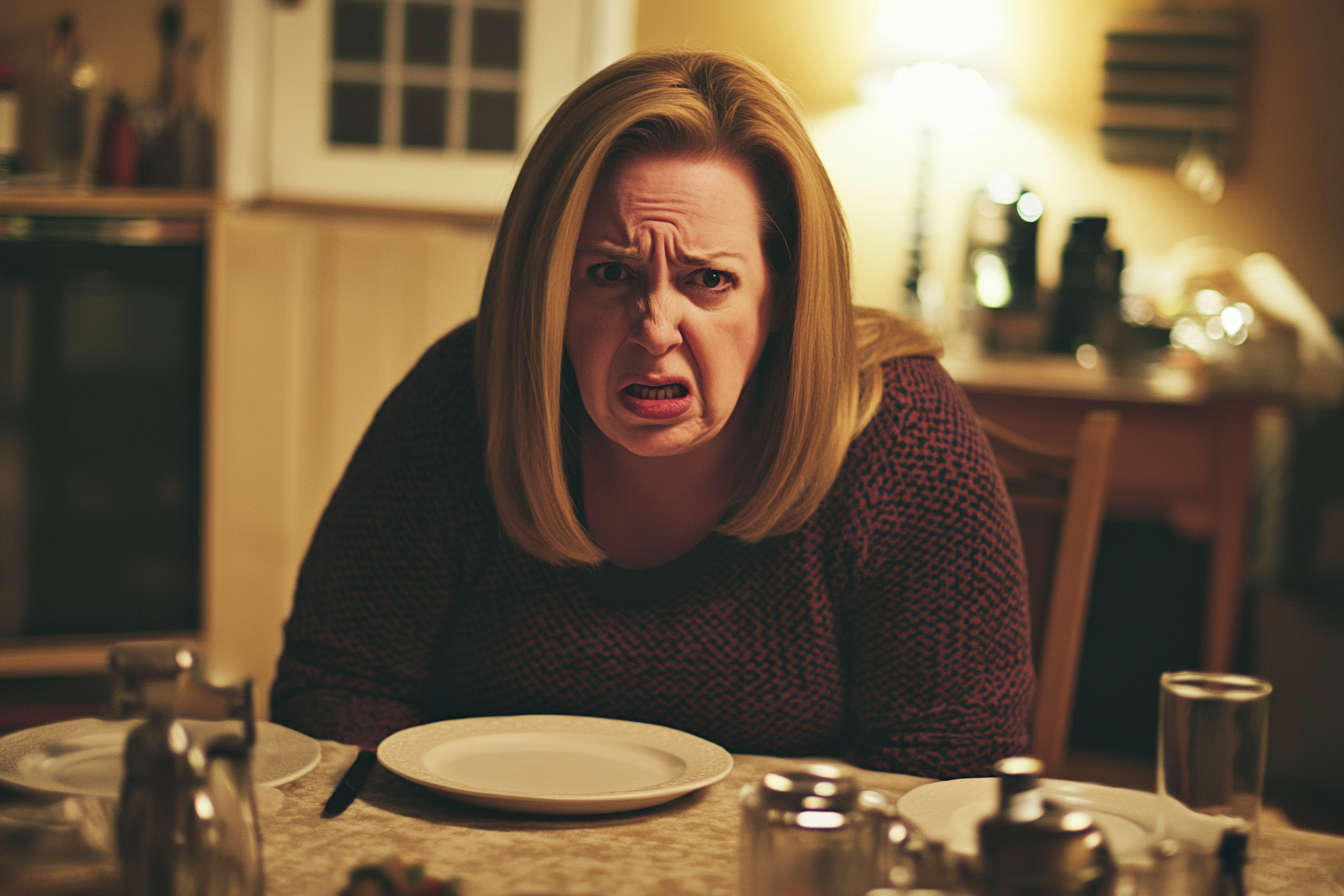 A woman seated at a dinner table speaking angrily | Source: Midjourney