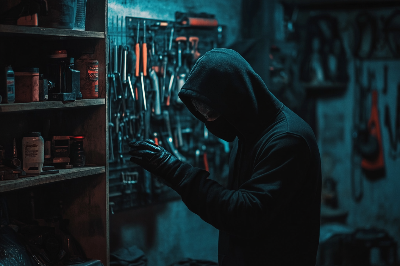 A man in black clothes and a mask inspecting the wall tool shelf of a garage | Source: Midjourney