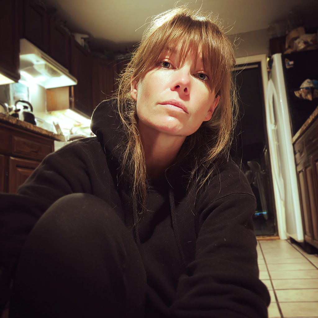 A woman sitting on a kitchen floor at night | Source: Midjourney