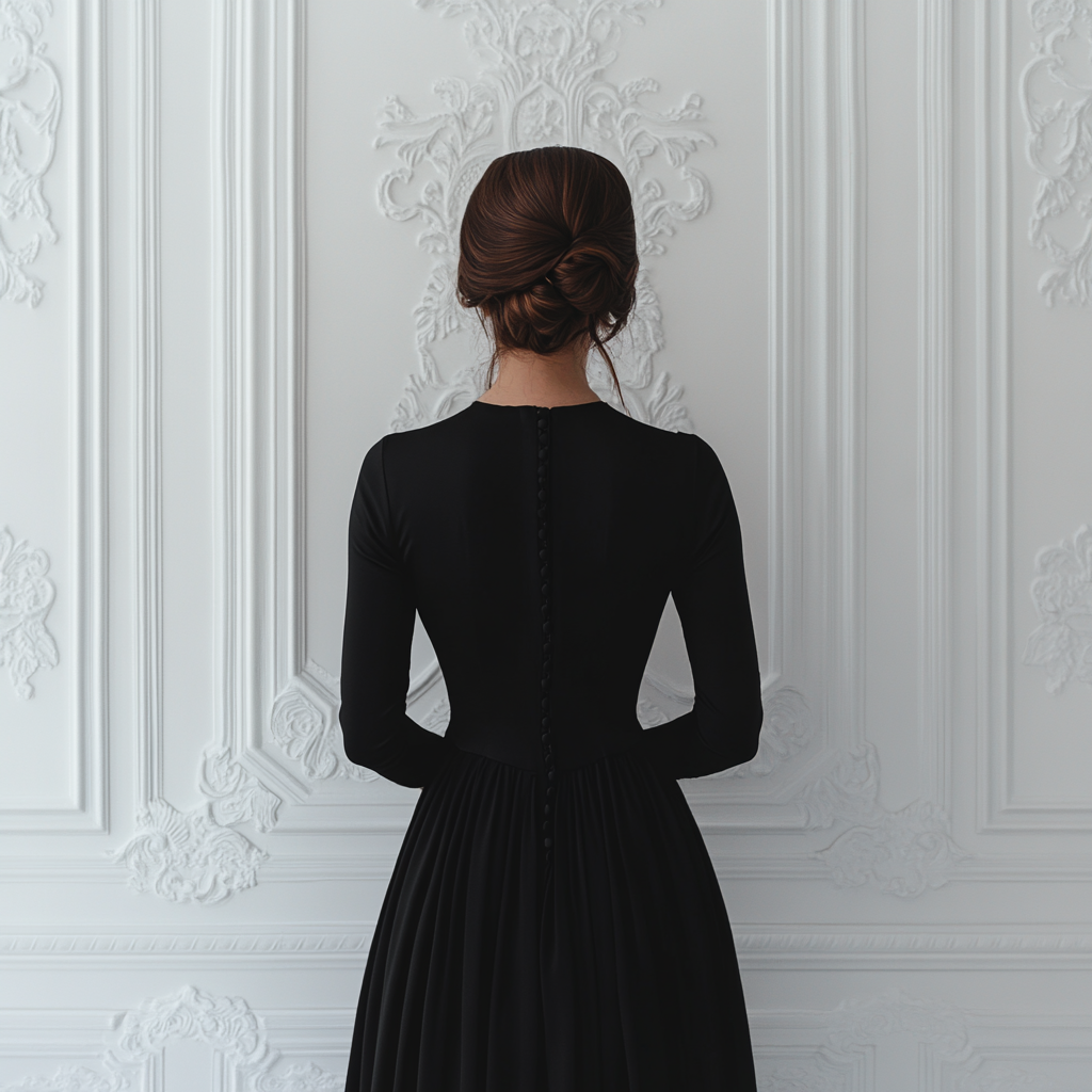 A back-view shot of a woman in a black dress | Source: Midjourney