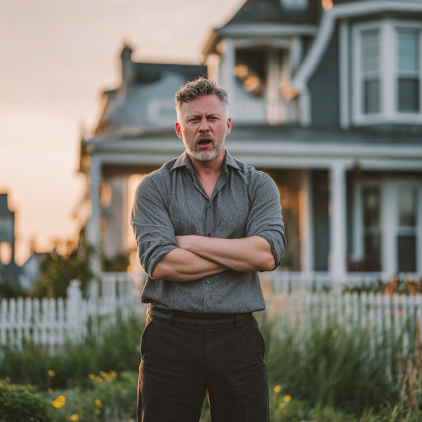 An angry man in front of a house | Source: Midjourney