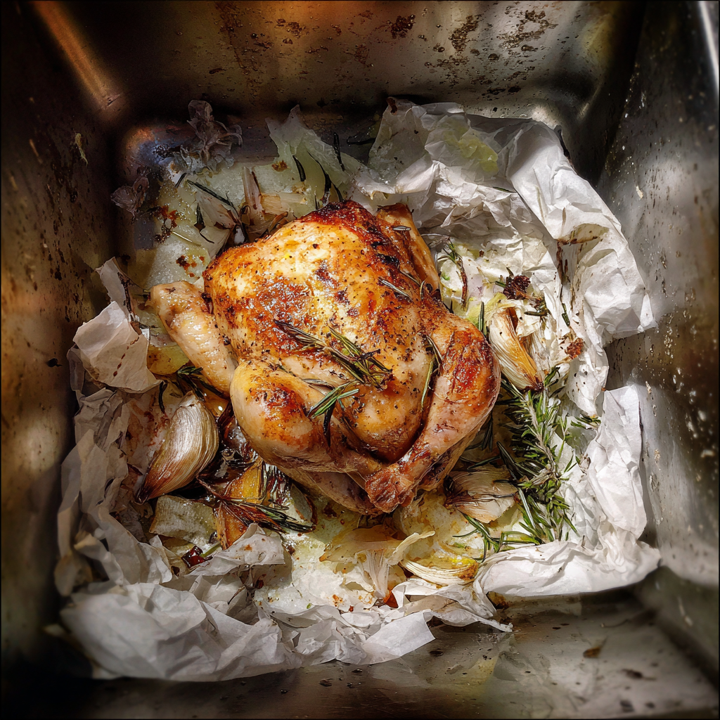 A roast chicken thrown into a stainless steel bin | Source: Midjourney