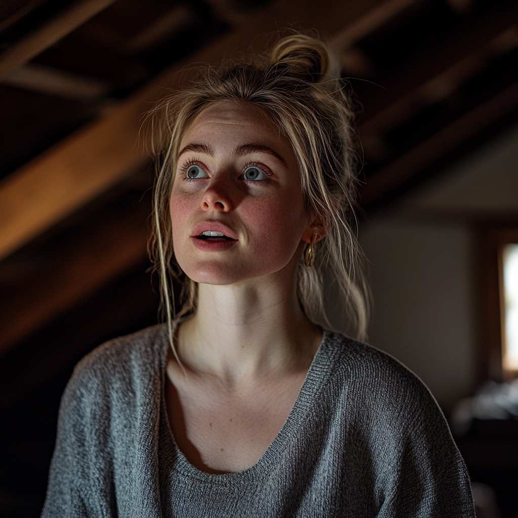 A woman looks surprised while standing in an attic | Source: Midjourney