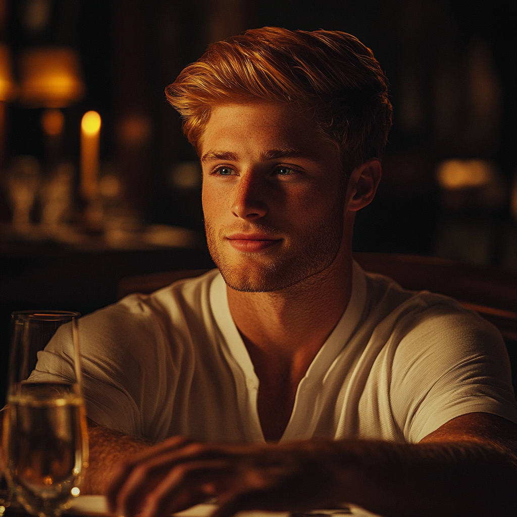 A smiling young man seated at a dining table | Source: Midjourney