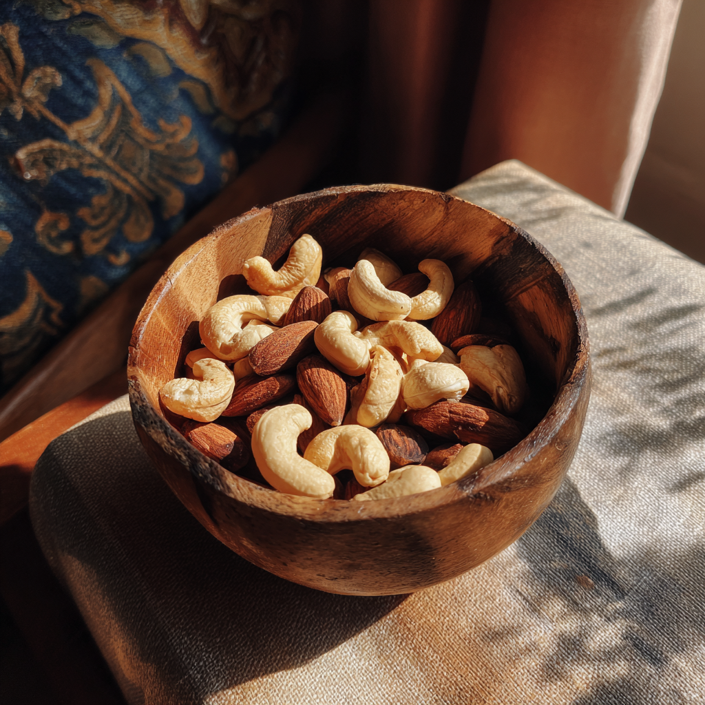 A wooden bowl of salted nuts on a table | Source: Midjourney