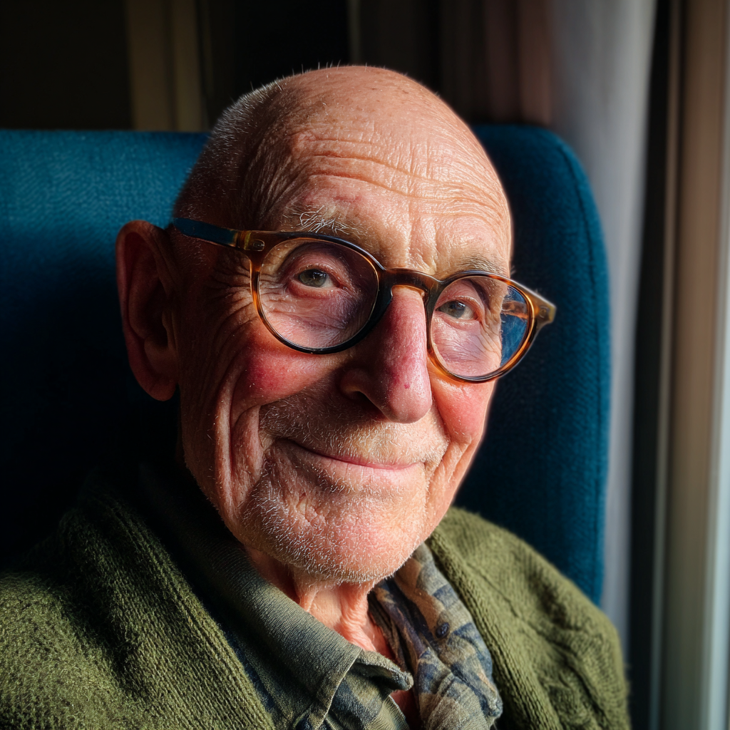 A smiling old man sitting on a blue armchair | Source: Midjourney
