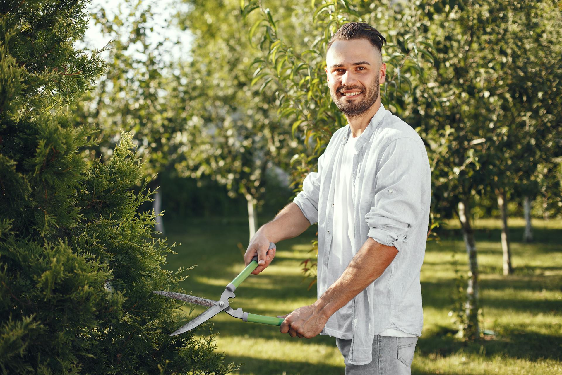 A man smiles while trimming a bush in his backyard garden on a sunny afternoon | Source: Pexels
