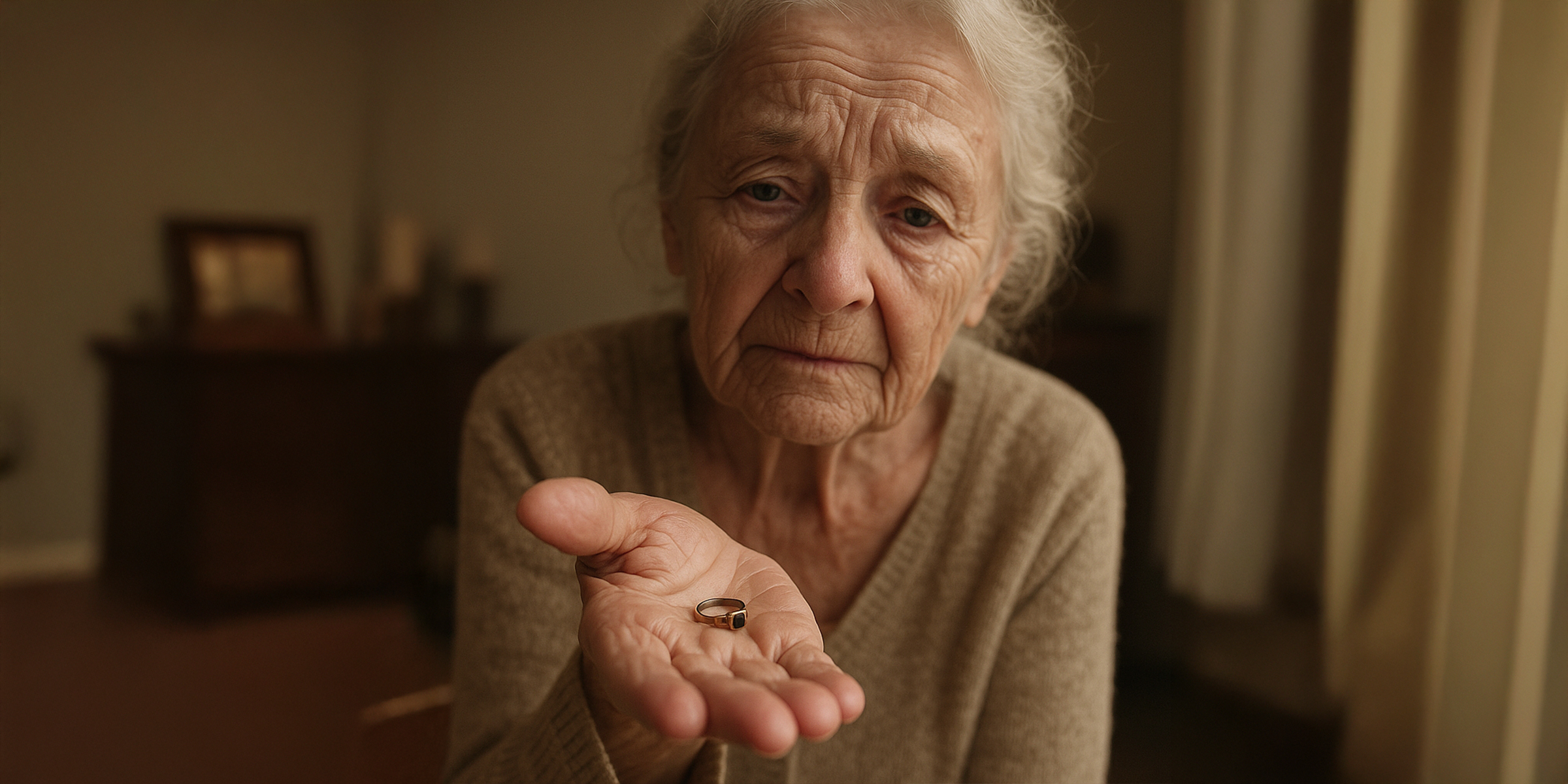 An old lady with a ring on her palm | Source: Sora