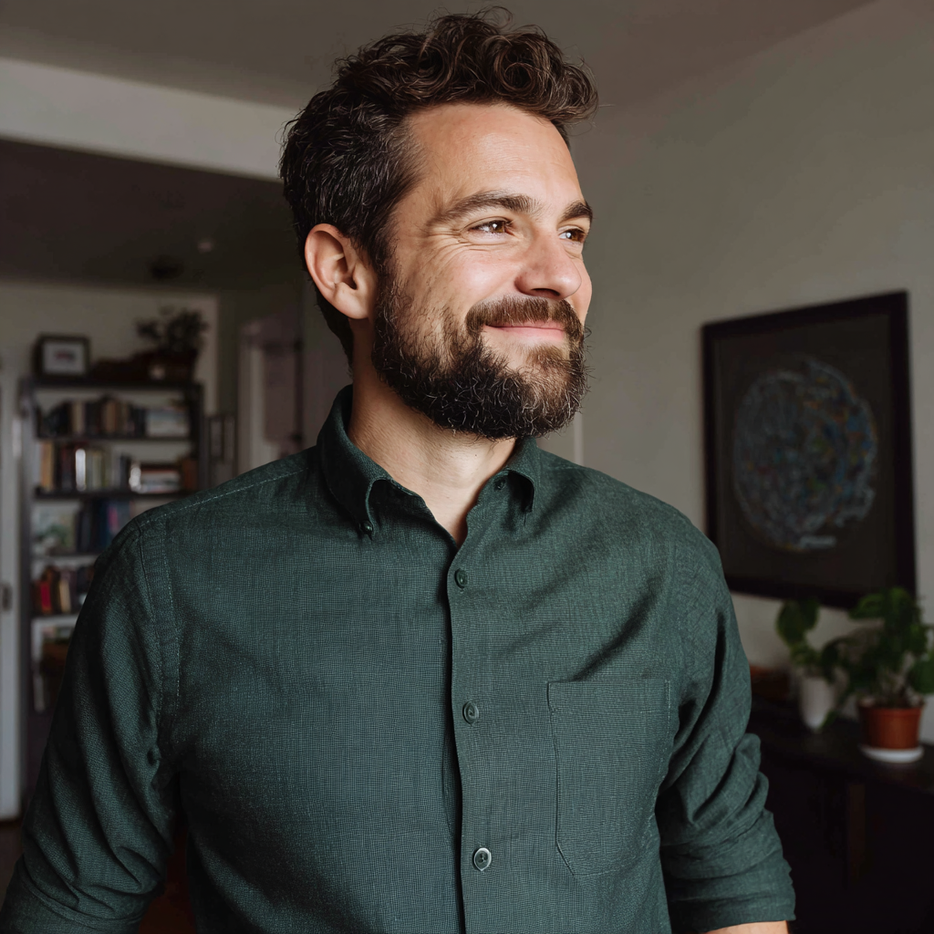 A smiling man standing in an apartment | Source: Midjourney