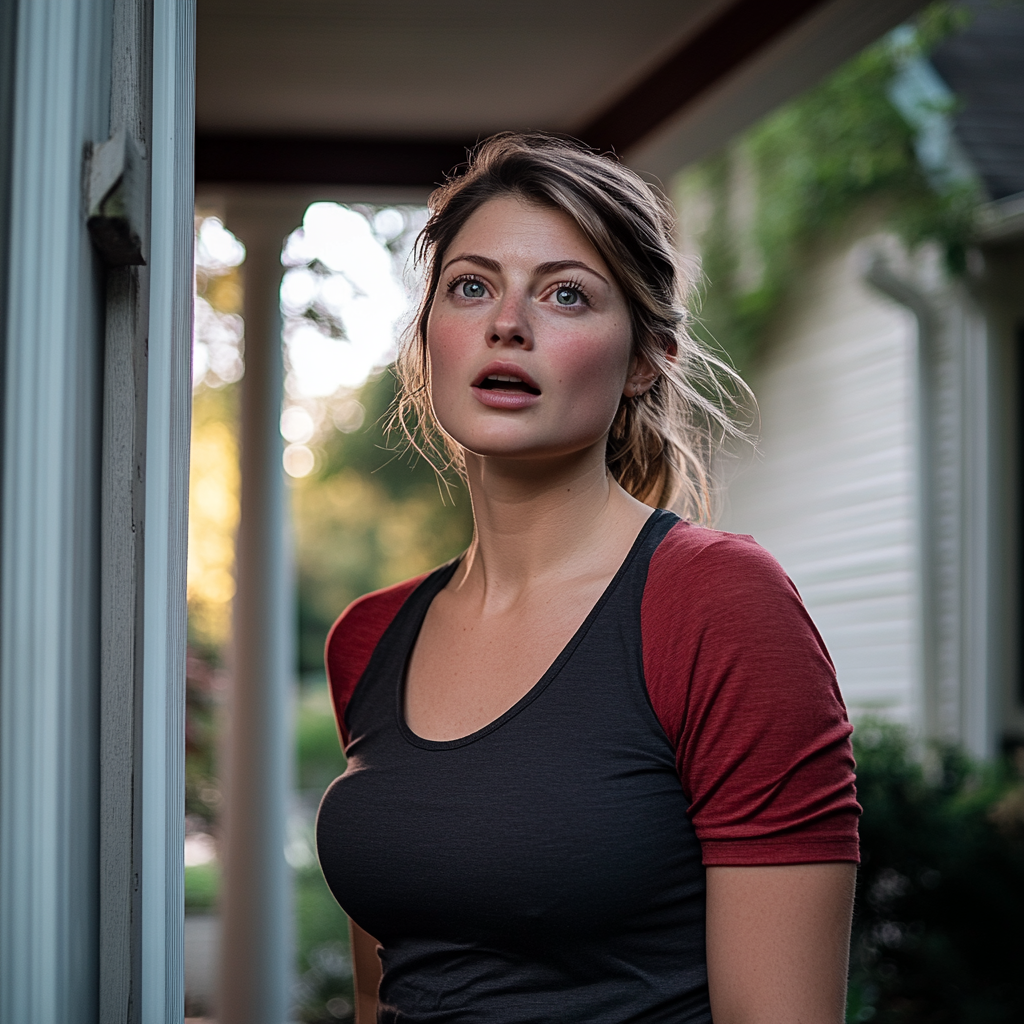 A surprised woman standing outside a house | Source: Midjourney