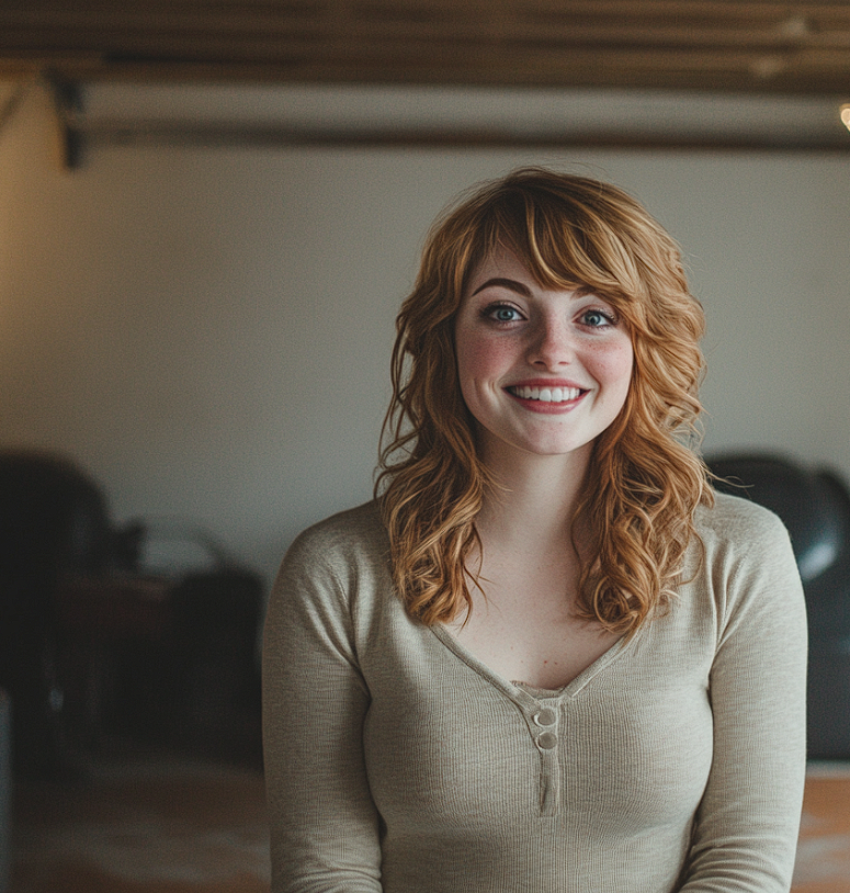 A woman in an empty garage smiling | Source: Midjourney