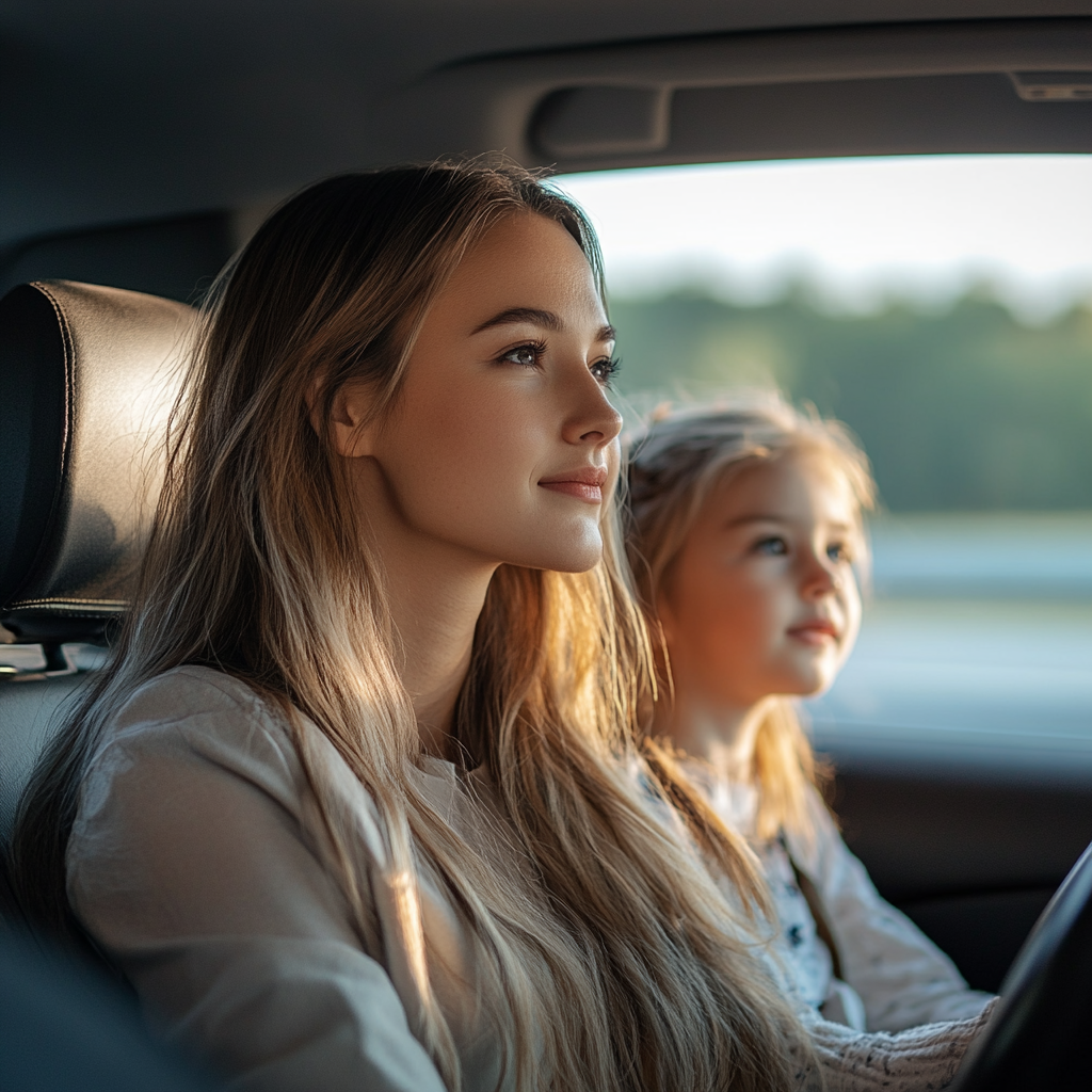 Young woman and a little girl in the car | Source: Midjourney