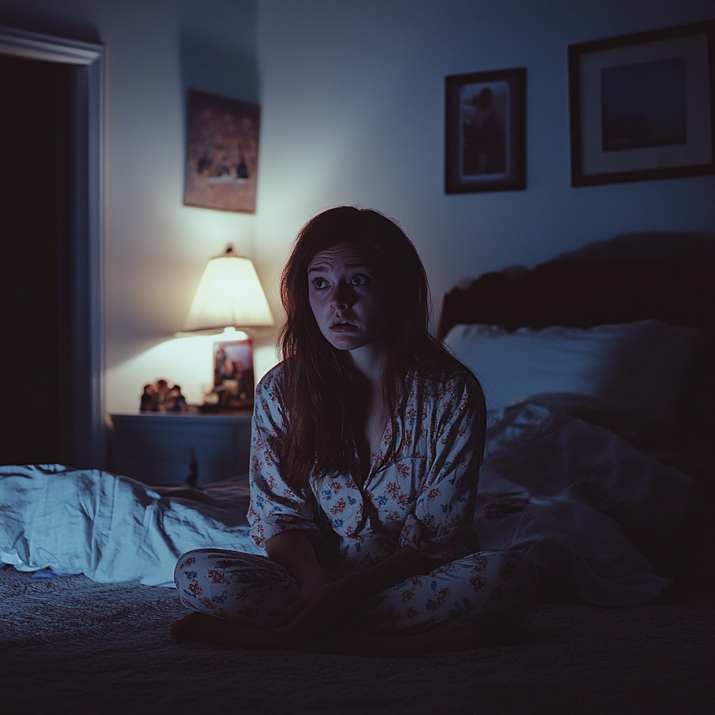 A shocked woman sitting in bed | Source: Midjourney