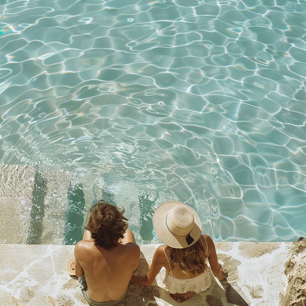 A man and woman sitting by the pool | Source: Midjourney