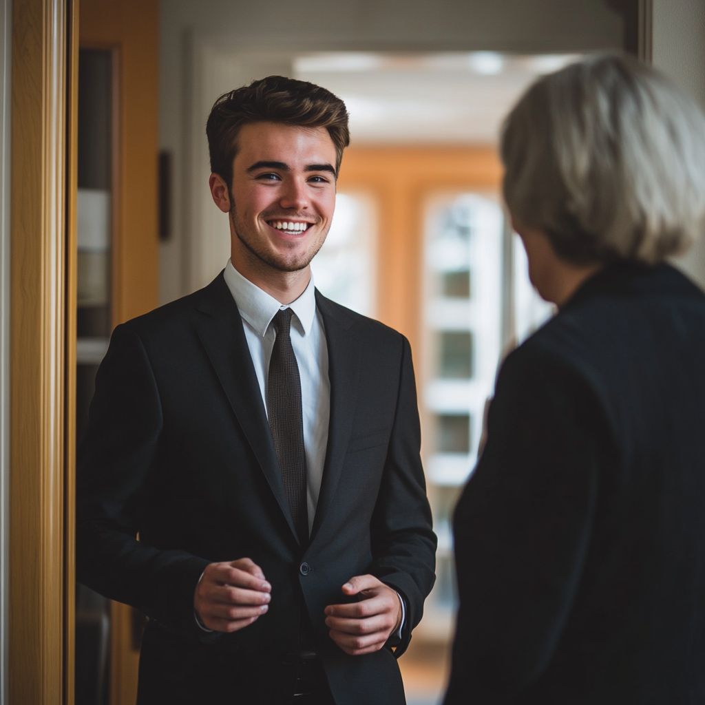 A young man speaking to an elderly teacher who once taught him | Source: Midjourney