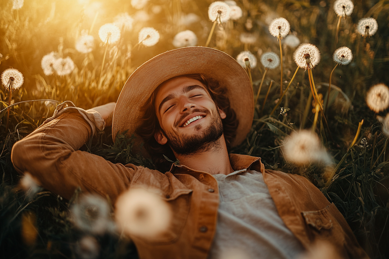 A man in farmer clothes smiling while lying in a field of dandelions | Source: Midjourney