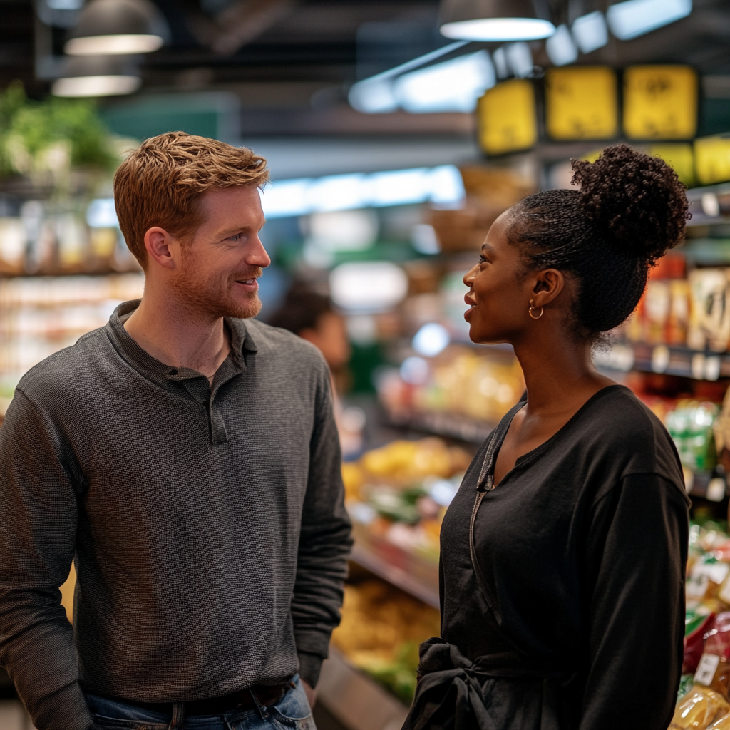 A man talking to a woman in a supermarket | Source: Midjourney