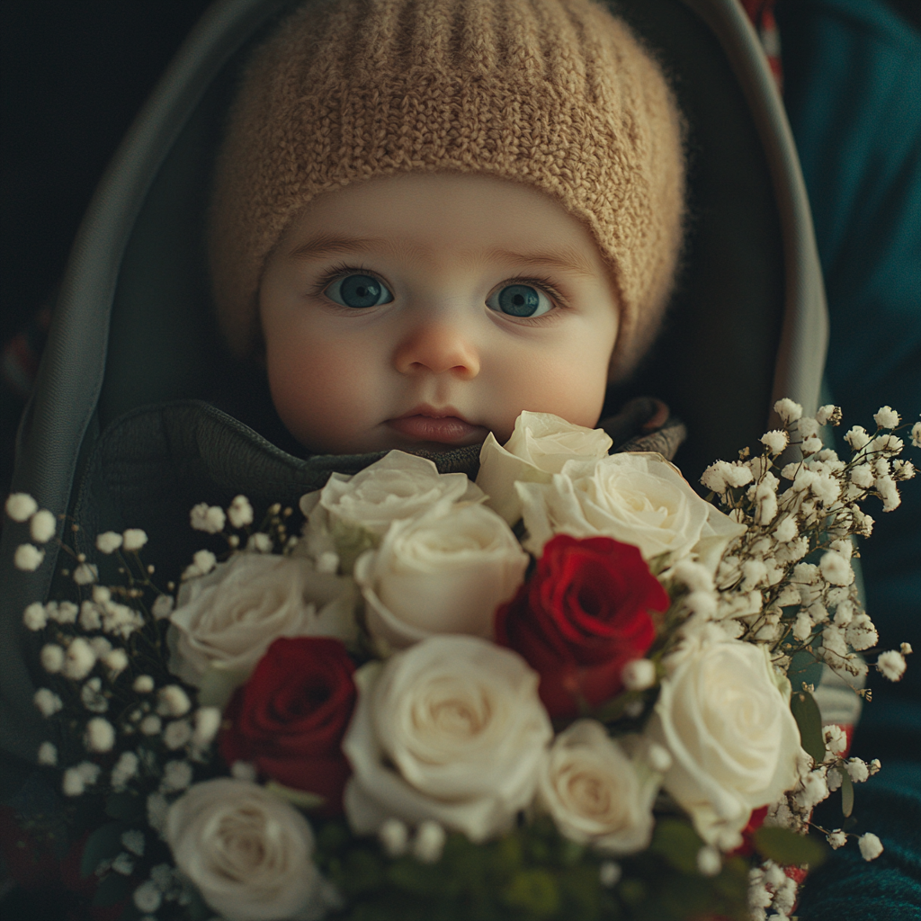 A bouquet partially covering a baby in a carrier | Source: Midjourney