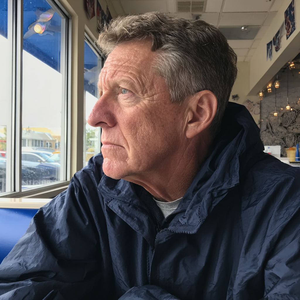 A man sitting in a diner and wearing a navy windbreaker | Source: Midjourney