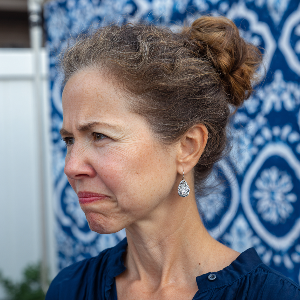 An upset older woman wearing diamond earrings | Source: Midjourney