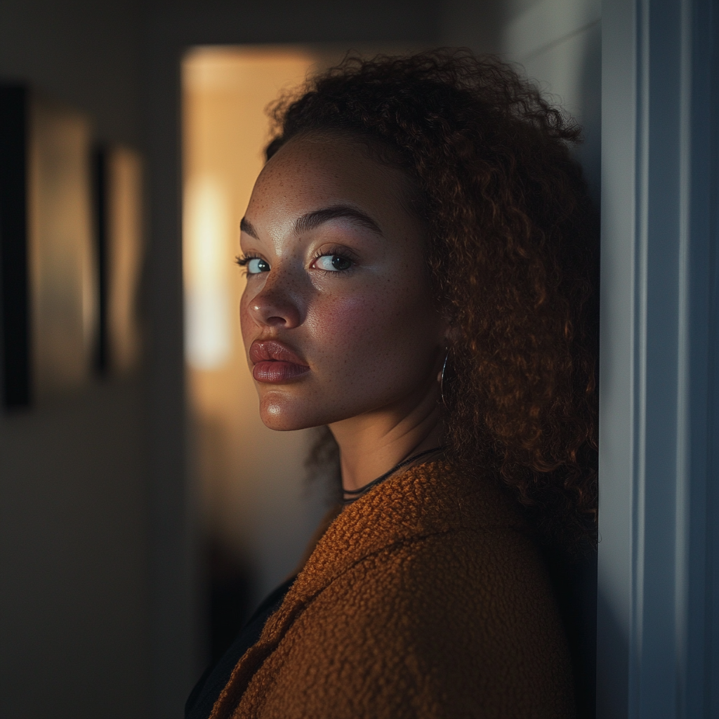 A woman standing in the hallway | Source: Midjourney