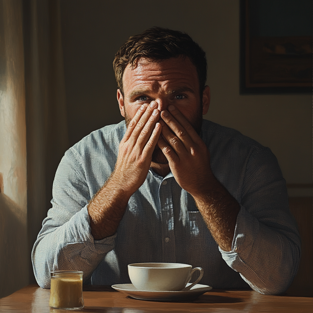 An man sitting with his hands on his face | Source: Midjourney