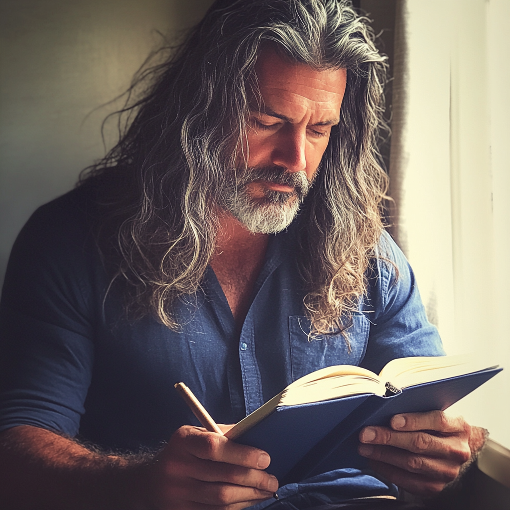 A man holding a navy notebook | Source: Midjourney