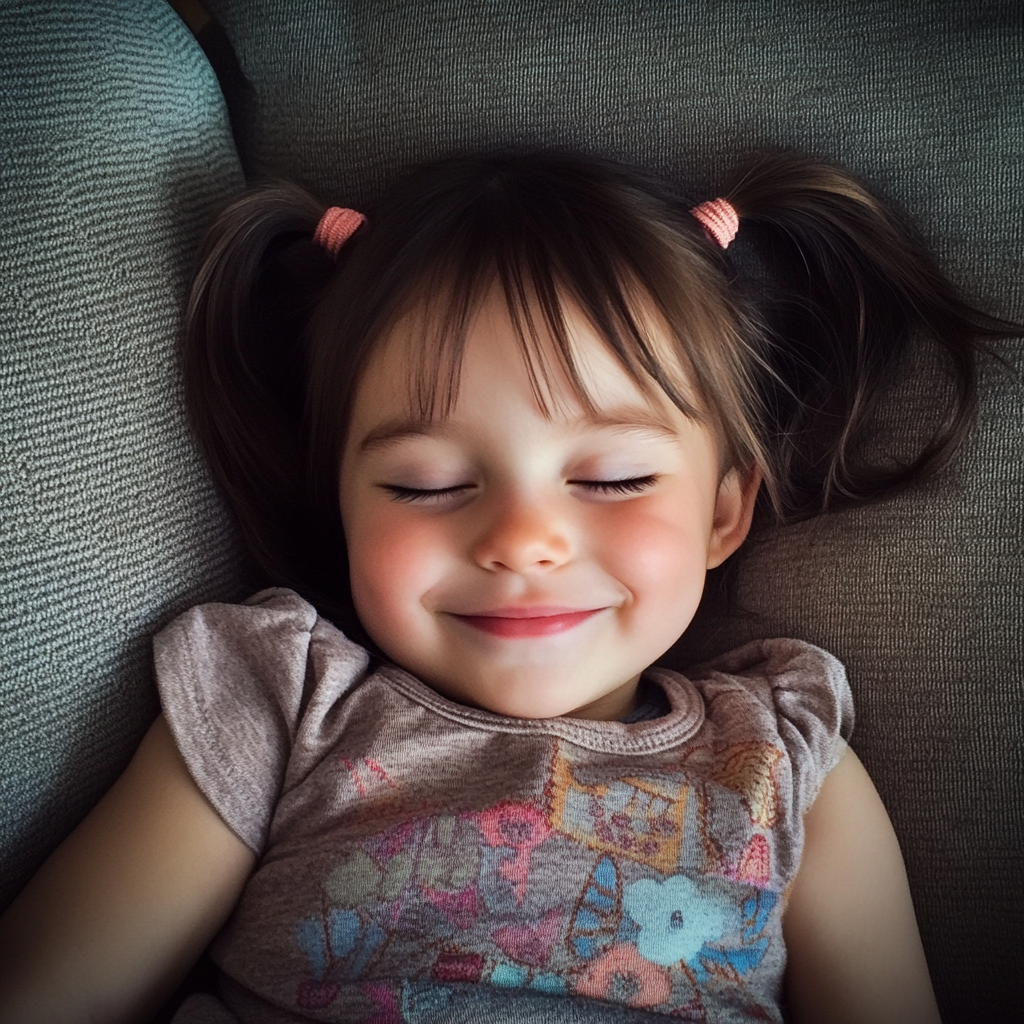 A smiling little girl with her eyes closed | Source: Midjourney