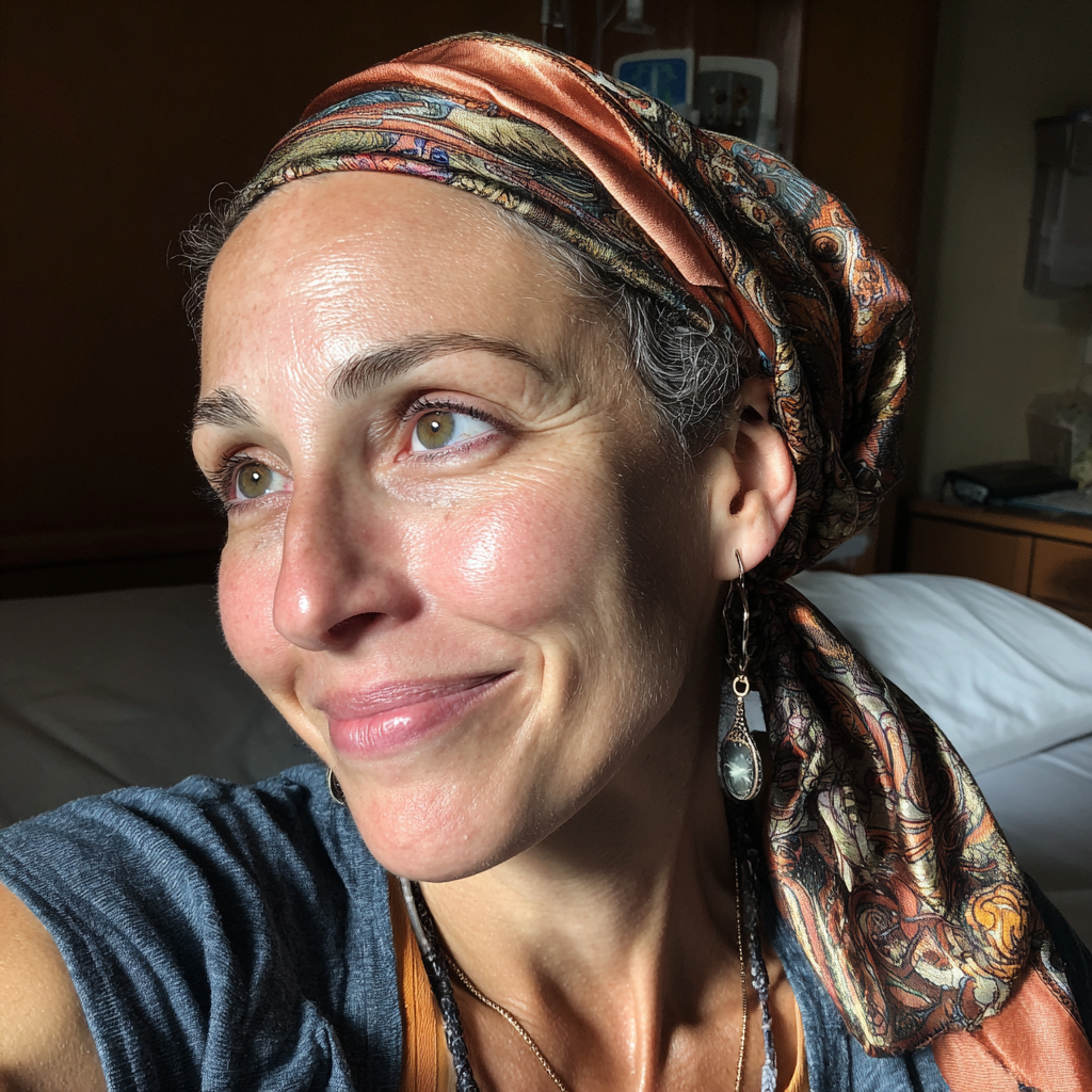 A smiling woman wearing a scarf on her head | Source: Midjourney