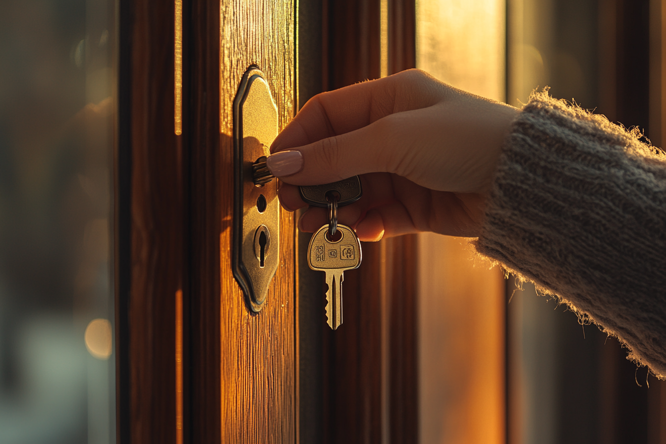 A woman's hand holds keys in the lock of a front door | Source: Midjourney