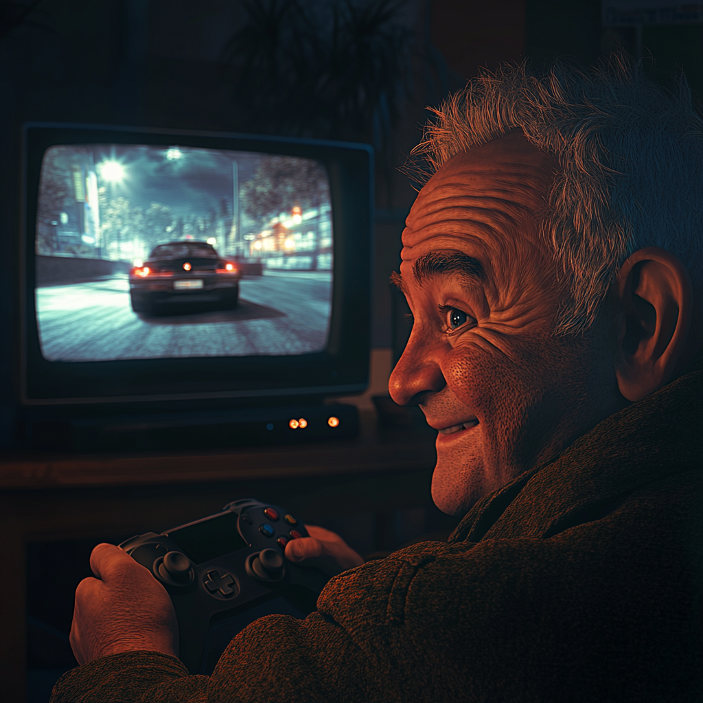 Imagen nostálgica de un hombre mayor alegre jugando a un videojuego | Fuente: Midjourney