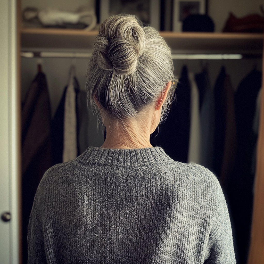 An older woman standing in front of a closet | Source: Midjourney