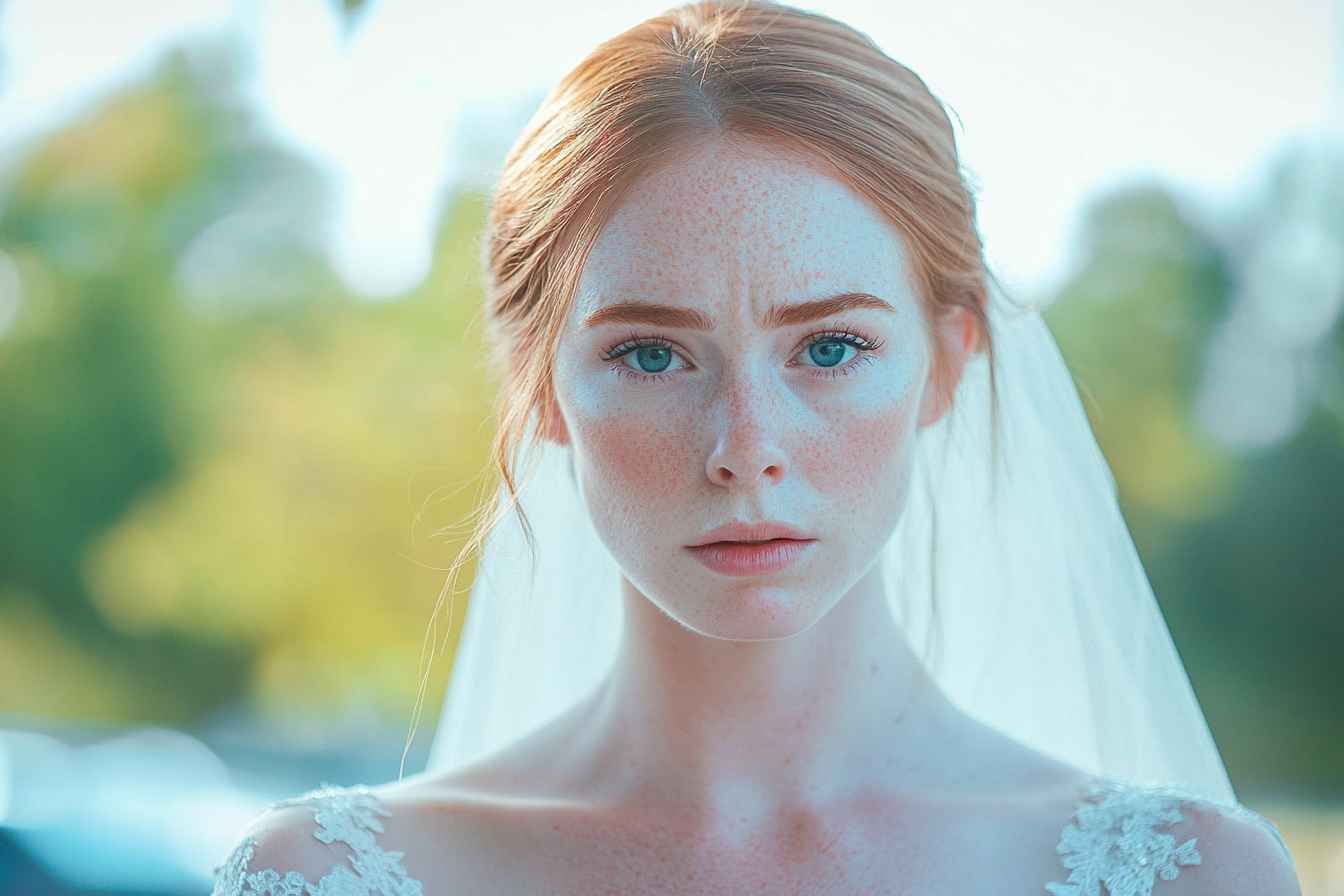A bride outdoors looking upset | Source: Midjourney