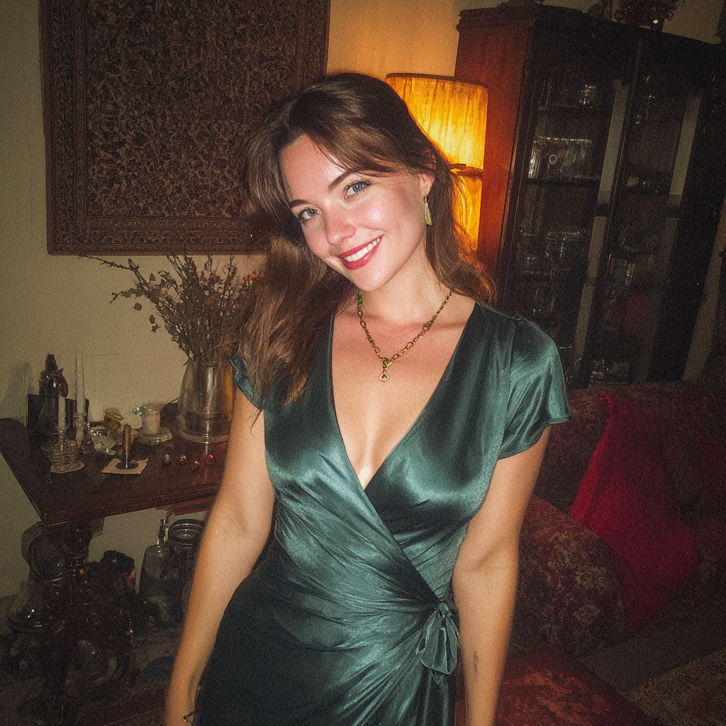 A smiling woman wearing a green silk dress | Source: Midjourney