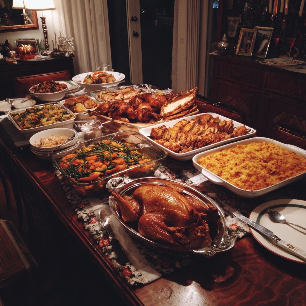 A Thanksgiving dinner spread | Source: Midjourney