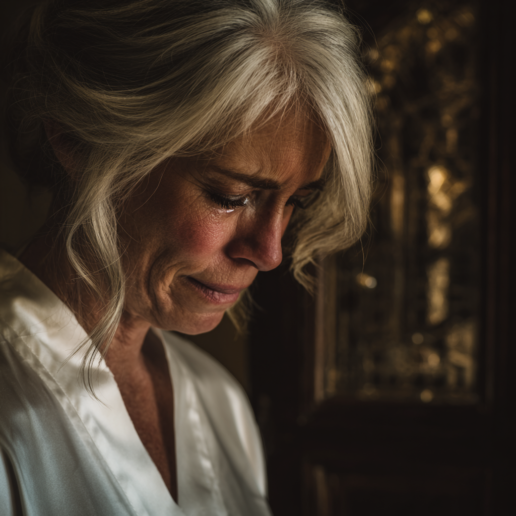 An emotional older woman wearing a white robe | Source: Midjourney
