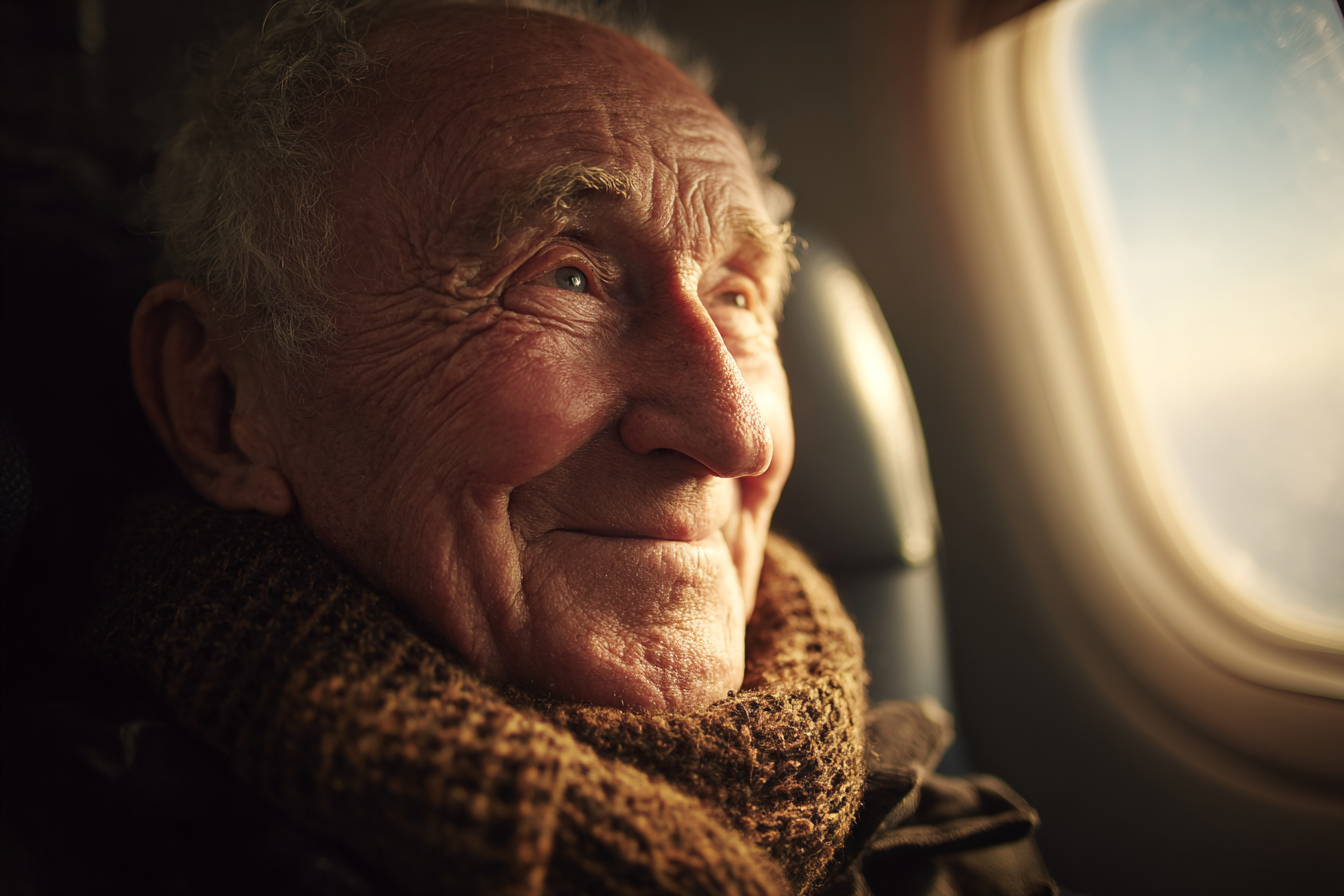 An older man smiling in an airplane | Source: Midjourney
