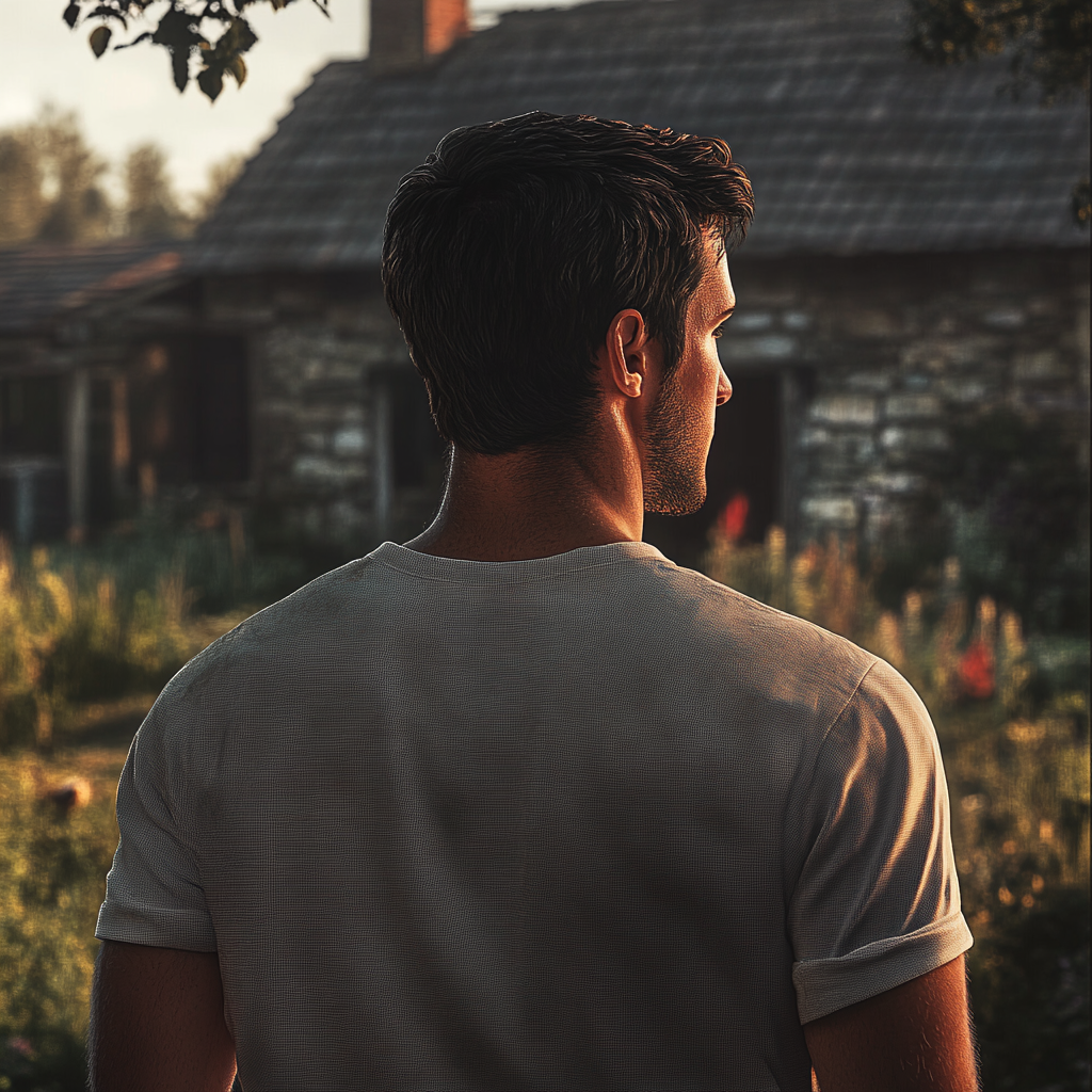 A man standing outside a cottage | Source: Midjourney