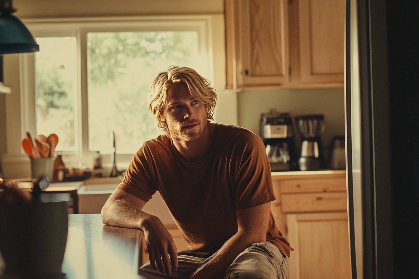 A thoughtful-looking blonde man sitting at a kitchen table | Source: Midjourney