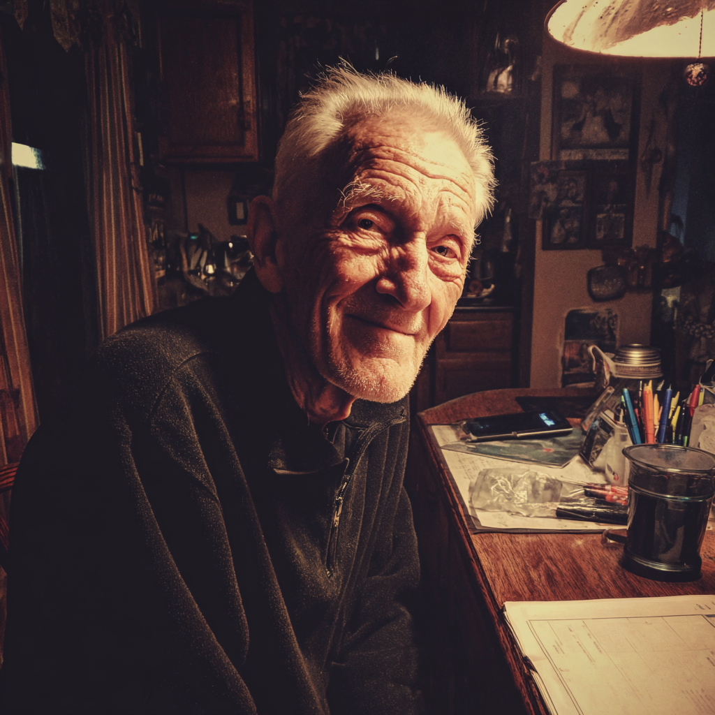 An old man sitting at a kitchen table | Source: Midjourney