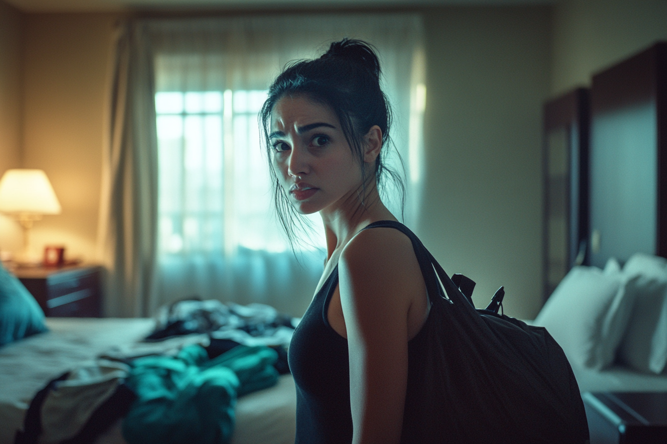 A black-haired woman in her 30s packs clothes and carries a bag in a resort hotel room | Source: Midjourney