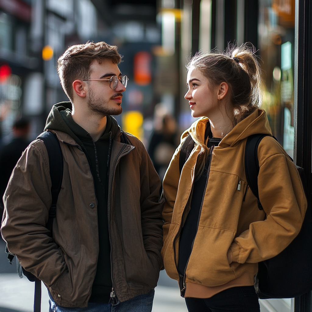 A couple talking on the street | Source: Midjourney